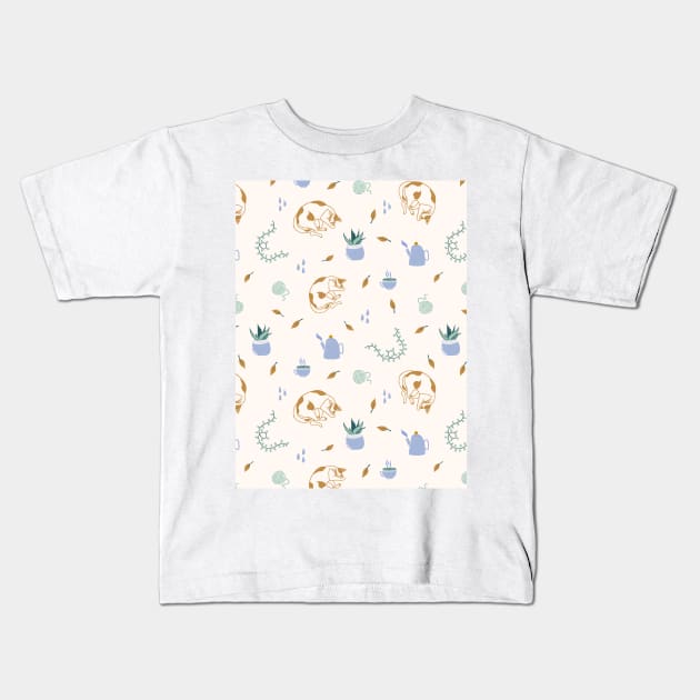 Seamless pattern with cats, falling leaves, lights, cozy home stuff Kids T-Shirt by DanielK